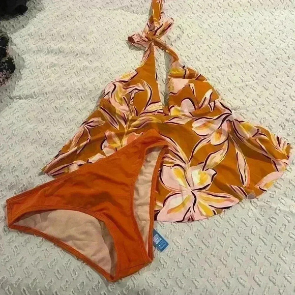 Cupshe NEW NWT Tankini Set Orange Floral Medium - Picture 1 of 4